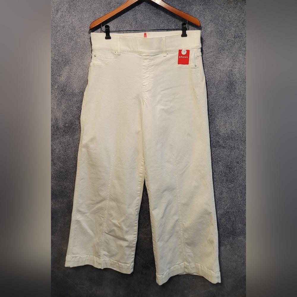 NWT Spanx Seamed Front Jeans Womens 1X White Wide Leg High Rise Pull On Stretch